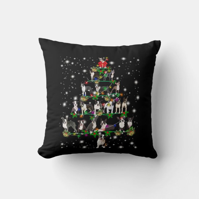 Boston Terrie Christmas Tree Covered By Flashlight Throw Pillow (Front)