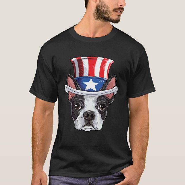 Boston Terrier 4th of July Uncle Sam Kids Boys Ame T-Shirt (Front)