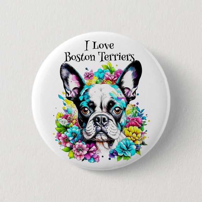 Boston Terrier and Flowers 2 Inch Round Button (Front)