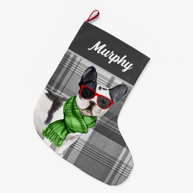 Boston Terrier and Plaid with Dog's Name Large Christmas Stocking (Front (Hanging))