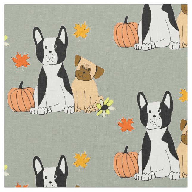 Boston Terrier and pug fall pattern Fabric (Close Up)