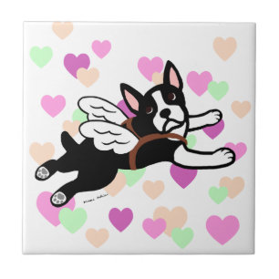 Boston Terrier Angel Cartoon Hearts Tile