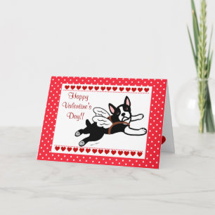 Boston Terrier Angel Cartoon Hearts Valentine Holiday Card