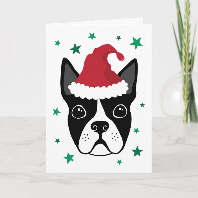 Boston terrier avec la carte de Noël du chapeau de (Devant)