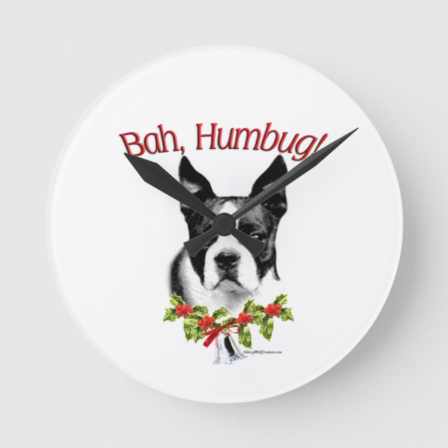 Boston Terrier Bah Humbug Round Clock (Front)