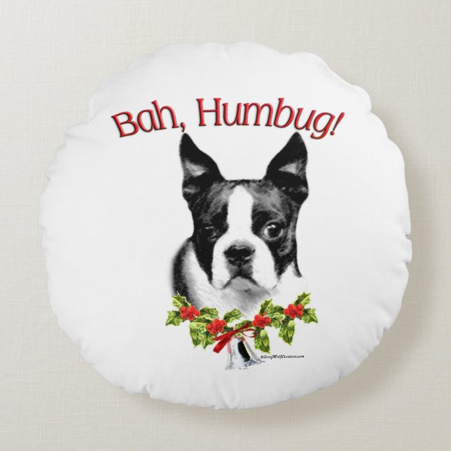 Boston Terrier Bah Humbug Round Pillow (Front)