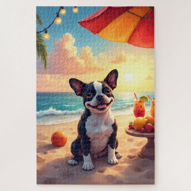 Boston Terrier Beach Party Scene Jigsaw Puzzle (Vertical)