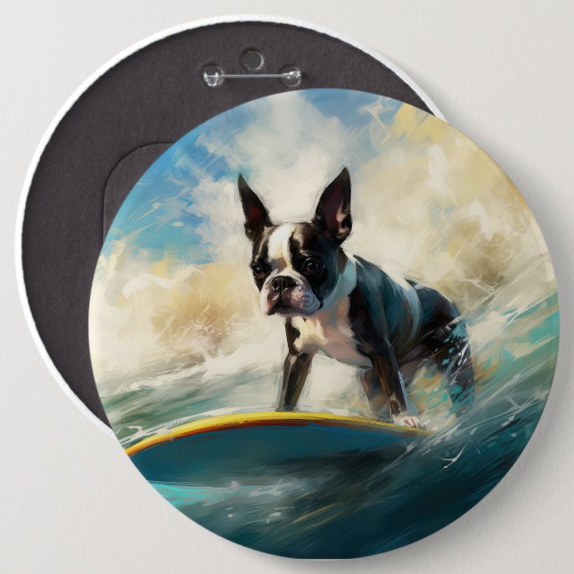 Boston Terrier Beach Surfing Painting  6 Inch Round Button (Front & Back)