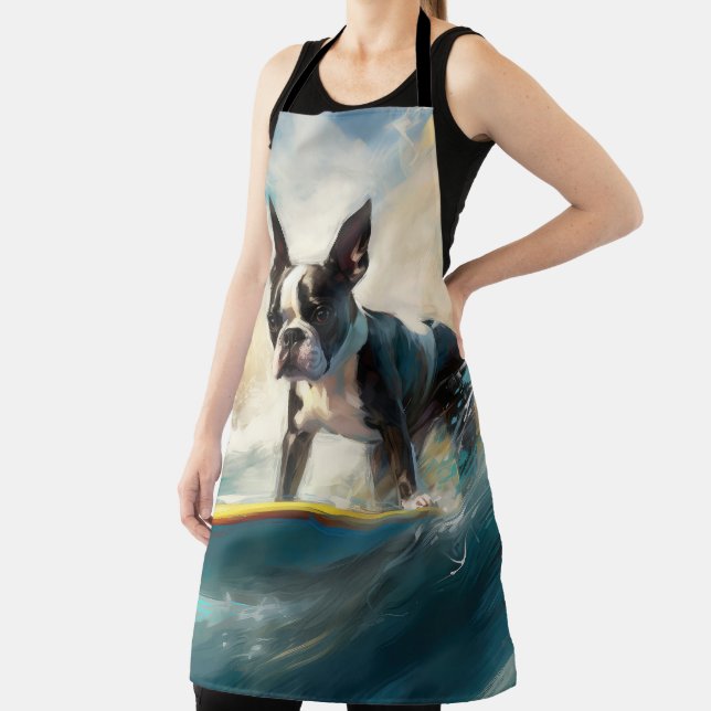 Boston Terrier Beach Surfing Painting  Apron (Insitu)