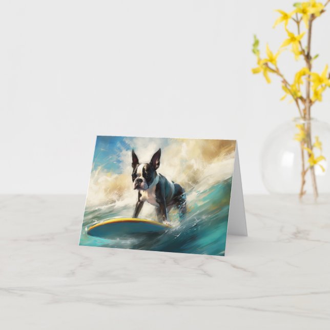 Boston Terrier Beach Surfing Painting  Card (Yellow Flower)