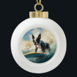 Boston Terrier Beach Surfing Painting  Ceramic Ball Christmas Ornament<br><div class="desc">Immerse yourself in the playful world of canine adventure with this captivating painting. A spirited dog takes to the waves, skilfully riding the surf on a sun-kissed beach. The vibrant artwork beautifully captures the essence of beachside excitement as the dog fearlessly rides the waves, embodying the spirit of fun and...</div>