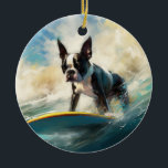 Boston Terrier Beach Surfing Painting  Ceramic Ornament<br><div class="desc">Immerse yourself in the playful world of canine adventure with this captivating painting. A spirited dog takes to the waves, skilfully riding the surf on a sun-kissed beach. The vibrant artwork beautifully captures the essence of beachside excitement as the dog fearlessly rides the waves, embodying the spirit of fun and...</div>