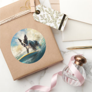 Boston Terrier Beach Surfing Painting Classic Round Sticker