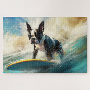 Boston Terrier Beach Surfing Painting  Jigsaw Puzzle