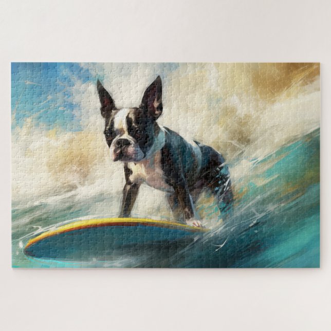 Boston Terrier Beach Surfing Painting  Jigsaw Puzzle (Horizontal)