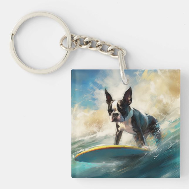 Boston Terrier Beach Surfing Painting  Keychain (Front)