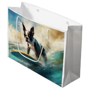 Boston Terrier Beach Surfing Painting Large Gift Bag