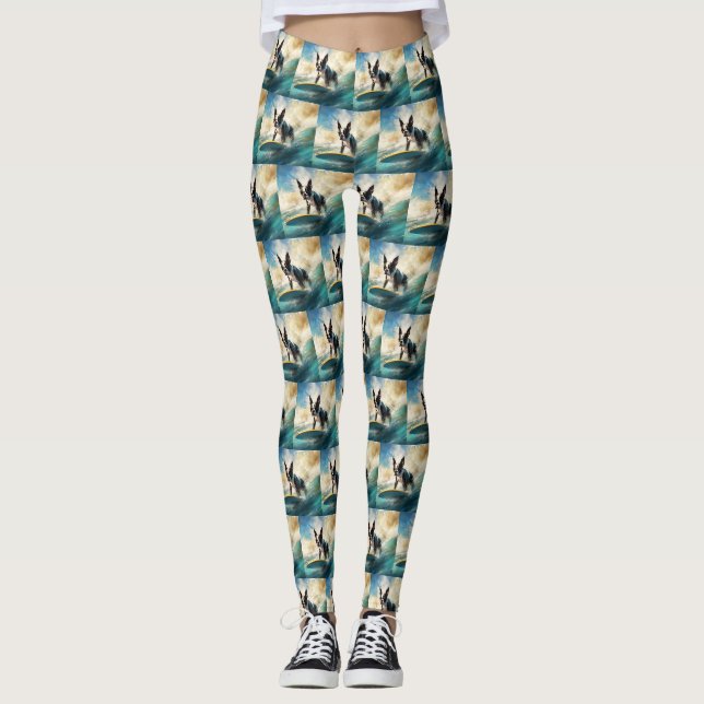 Boston Terrier Beach Surfing Painting  Leggings (Front)