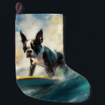 Boston Terrier Beach Surfing Painting  Small Christmas Stocking<br><div class="desc">Immerse yourself in the playful world of canine adventure with this captivating painting. A spirited dog takes to the waves, skilfully riding the surf on a sun-kissed beach. The vibrant artwork beautifully captures the essence of beachside excitement as the dog fearlessly rides the waves, embodying the spirit of fun and...</div>