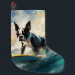 Boston Terrier Beach Surfing Painting  Small Christmas Stocking<br><div class="desc">Immerse yourself in the playful world of canine adventure with this captivating painting. A spirited dog takes to the waves, skilfully riding the surf on a sun-kissed beach. The vibrant artwork beautifully captures the essence of beachside excitement as the dog fearlessly rides the waves, embodying the spirit of fun and...</div>