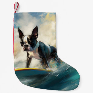 Boston Terrier Beach Surfing Painting  Small Christmas Stocking