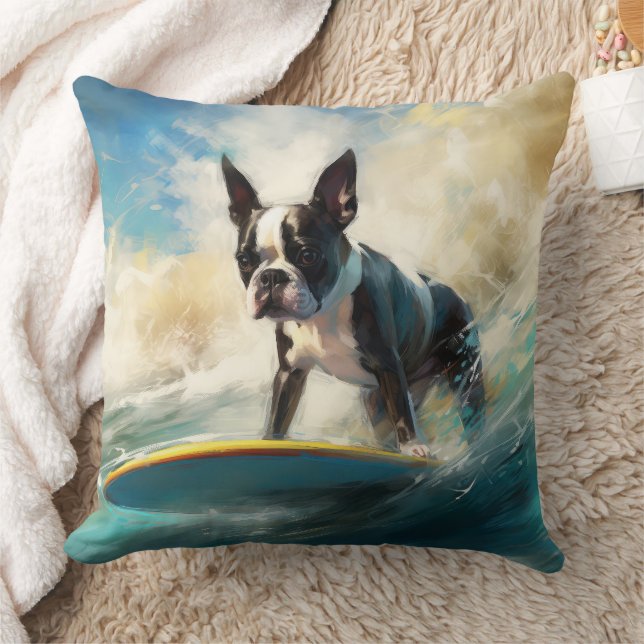 Boston Terrier Beach Surfing Painting  Throw Pillow (Blanket)