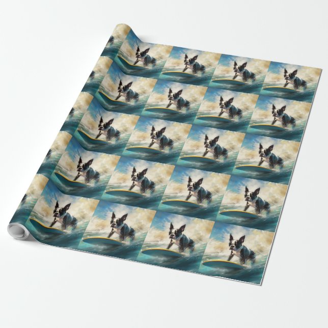 Boston Terrier Beach Surfing Painting  Wrapping Paper (Unrolled)