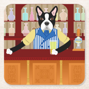 Boston Terrier Beer Pub Square Paper Coaster