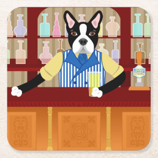Boston Terrier Beer Pub Square Paper Coaster
