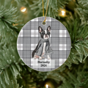 Boston Terrier Black White Plaid Personalized Dog Ceramic Ornament