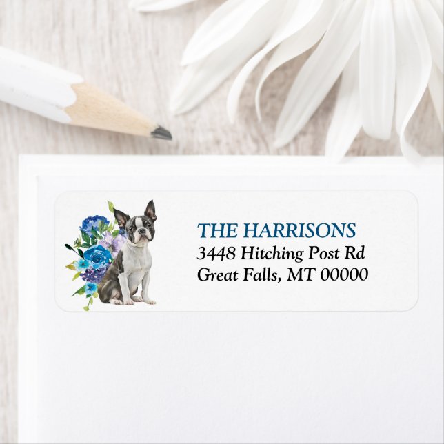 Boston Terrier Blue Floral Adresse de retour (En situation)
