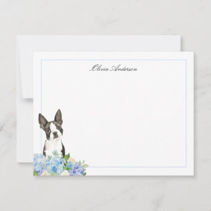 Boston Terrier Blue Hydrangea Personalized Card