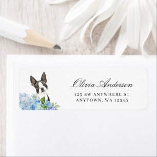 Boston Terrier Blue Hydrangea Return Address
