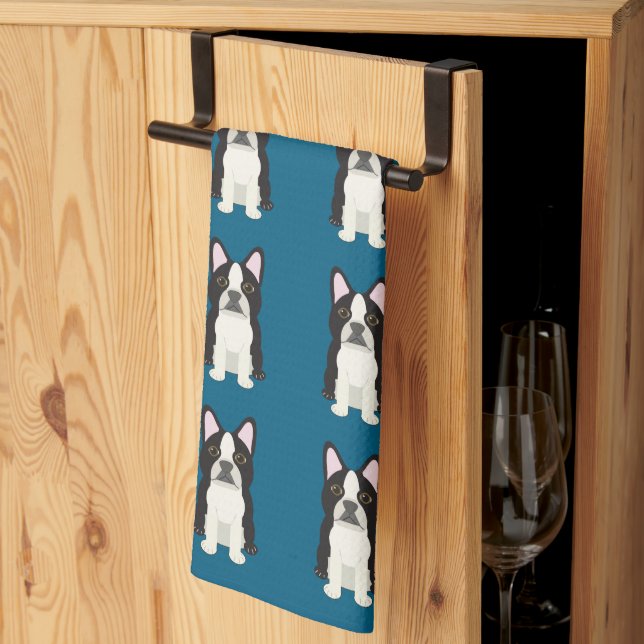 Boston Terrier blue Kitchen Towel (Thirds Fold)
