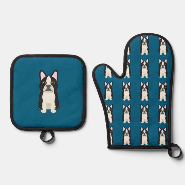 Boston Terrier blue Oven Mitt & Pot Holder Set (Front)