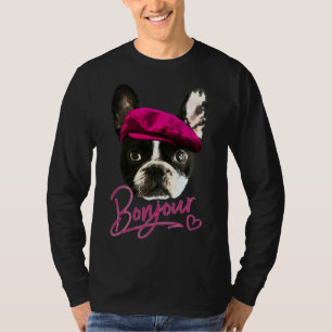 Boston Terrier Bonjour Pink Heart French T-Shirt