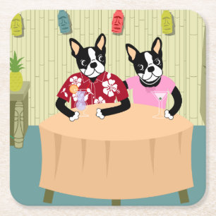 Boston Terrier Boy & Girl Square Paper Coaster