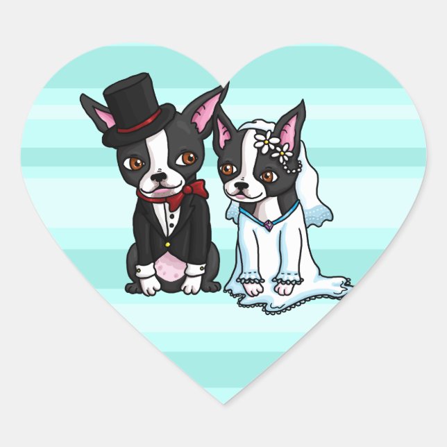 Boston Terrier Bride and Groom Heart Sticker (Front)