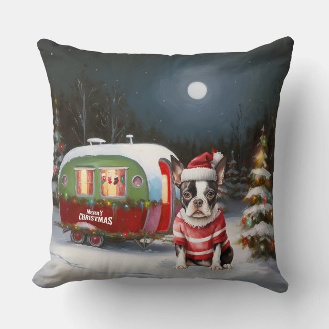 Boston Terrier Caravan Christmas Adventure  Throw Pillow (Front)