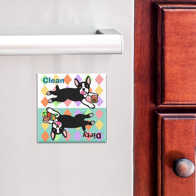 Boston Terrier Cartoon Dirty / Clean Magnet (Cute Boston Terrier Cartoon Dishwasher Magnet.  Diamond shaped pattern background.)
