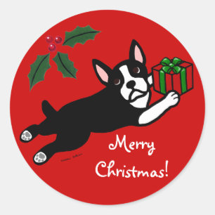 Boston Terrier Christmas 2 Cartoon Classic Round Sticker