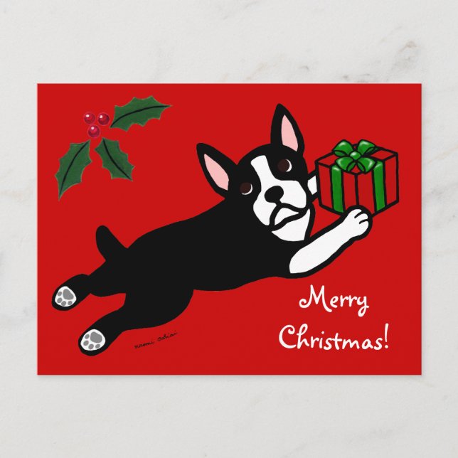 Boston Terrier Christmas 2 Cartoon Holiday Postcard (Front)