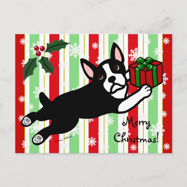 Boston Terrier Christmas 2 Cartoon Snowflakes Holiday Postcard (Front)