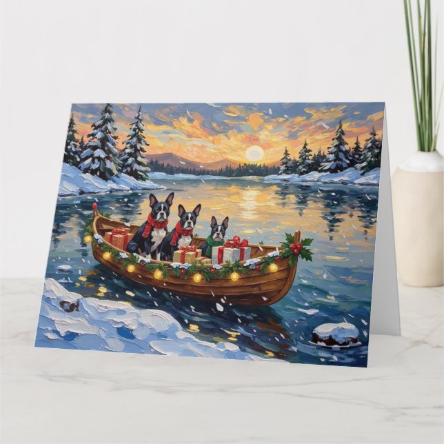 Boston Terrier Christmas Boat Holiday Card (Front)