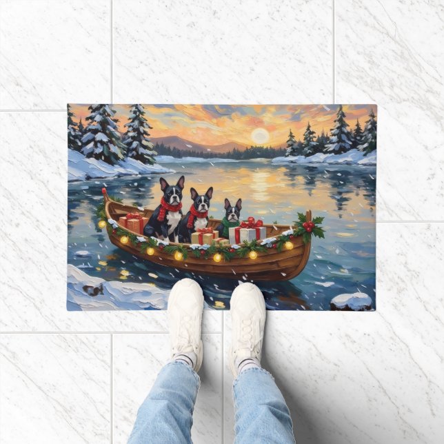 Boston Terrier Christmas Boat Holiday Doormat (Indoor)