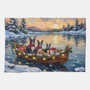 Boston Terrier Christmas Boat Holiday Kitchen Towel