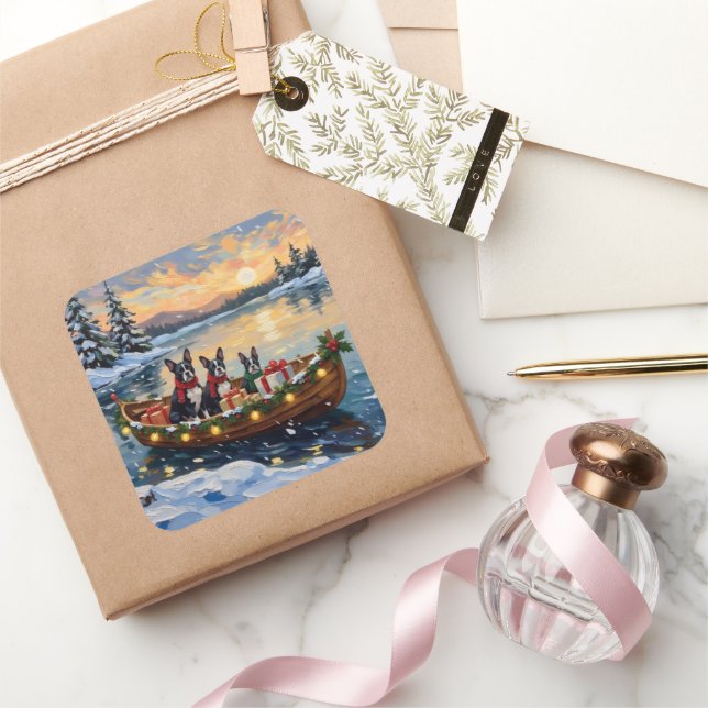 Boston Terrier Christmas Boat Holiday Square Sticker (Gifting)