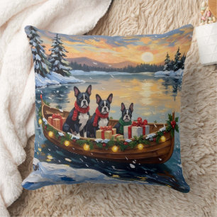 Boston Terrier Christmas Boat Holiday Throw Pillow