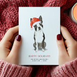 Boston Terrier Christmas Card<br><div class="desc">Cute Boston Terrier Christmas card wishes Happy Holidays personalized with your names,  dog's name,  and year. Festive red and white paw print and bone background.</div>