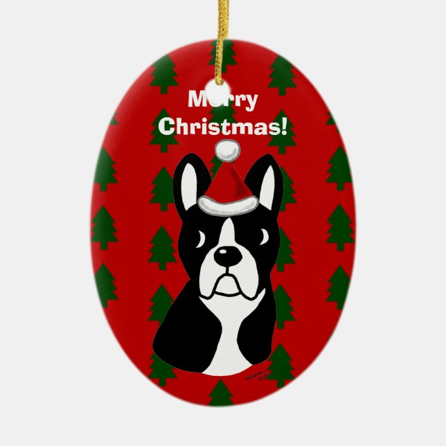 Boston Terrier Christmas Cartoon Ceramic Ornament (Front)